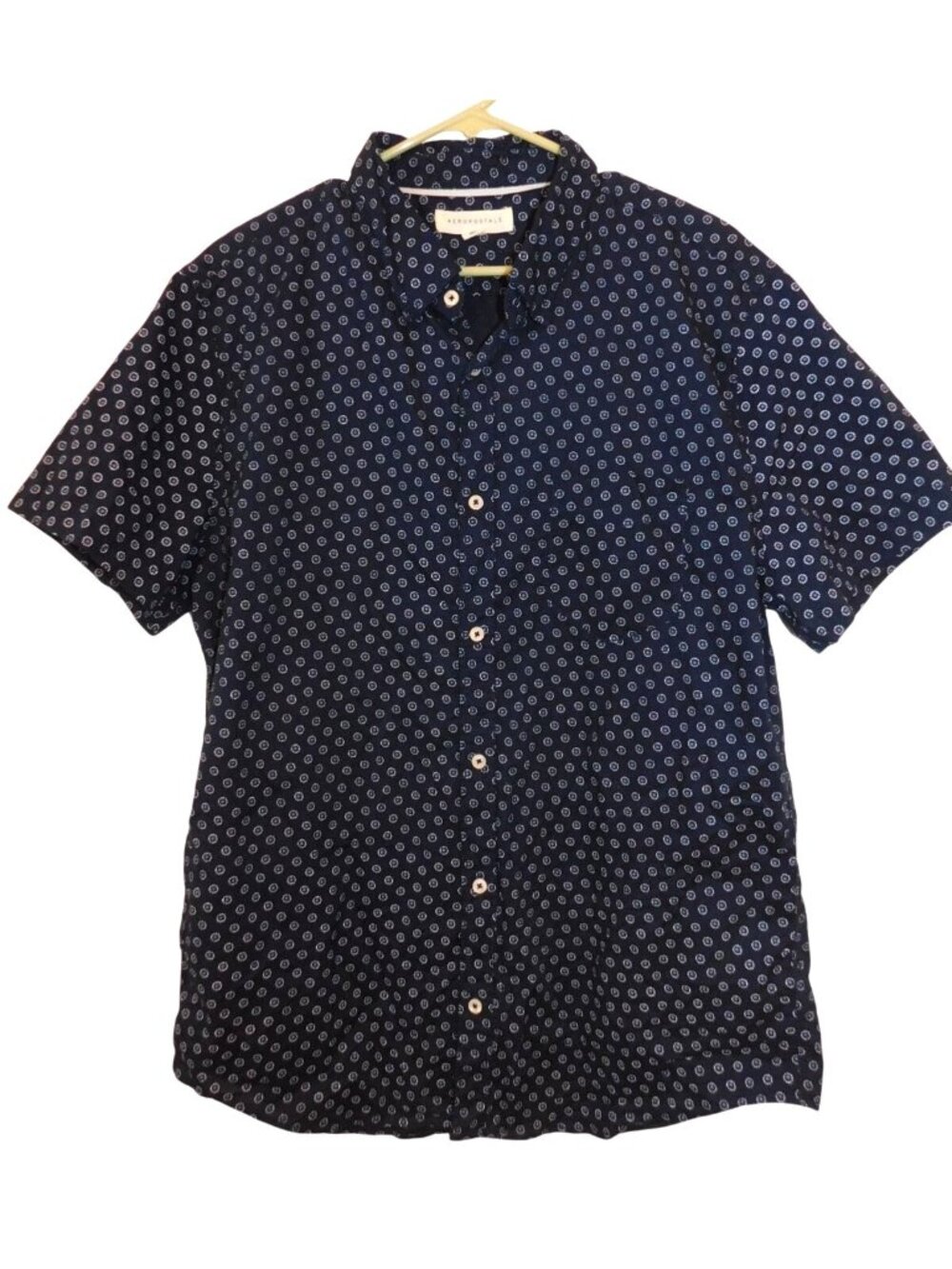 Aeropostale Mens L Button Up Shirt Navy Micro Print Short Sleeve Casual 100% Cot